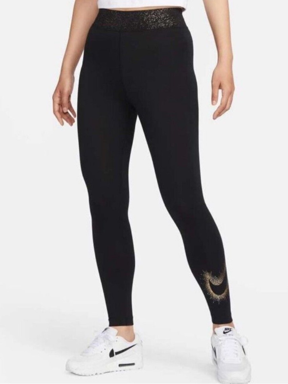Nike Black Leggings with Gold Glitter Waistband & Swoosh